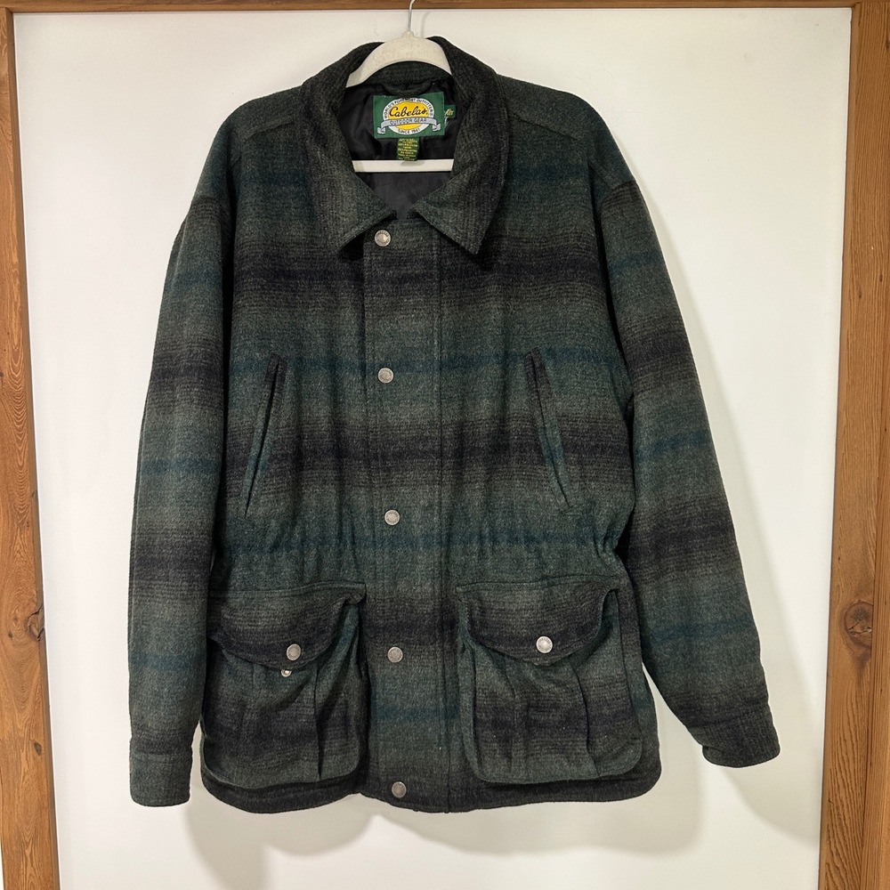 Cabelas Wool Alpaca Field Jacket Mens XL Green Ombre Stripe Hunting Coat Heavy